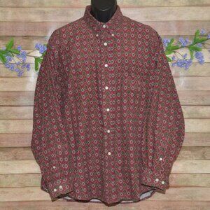 VTG Cambridge Mens XXL Maroon Burgundy Corduroy Geometric Print Button Up Preppy